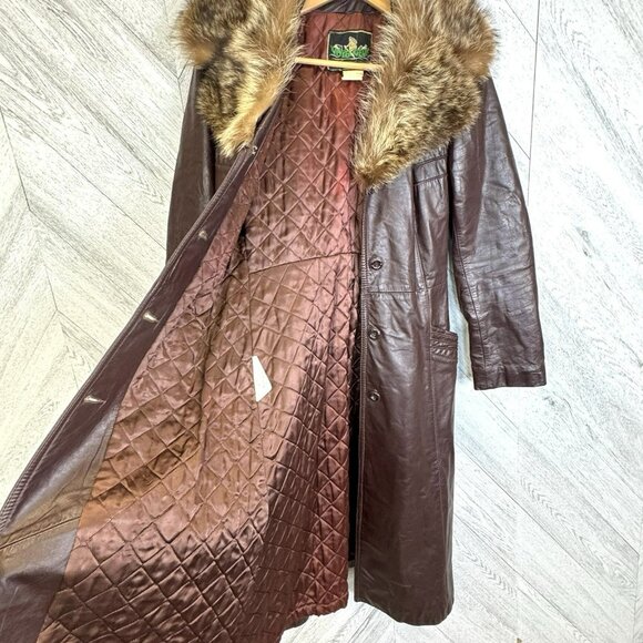 Vintage 70s Leather Trench Coat Womens Small Brown Belted Fur Trim Collar Boho - Picture 10 of 13